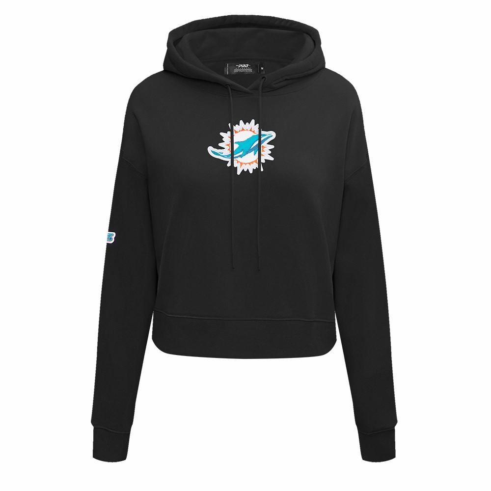 NFL MIAMI DOLPHINS CLASSIC WOMEN'S FLEECE CROPPED PULLOVER HOODIE (BLACK)