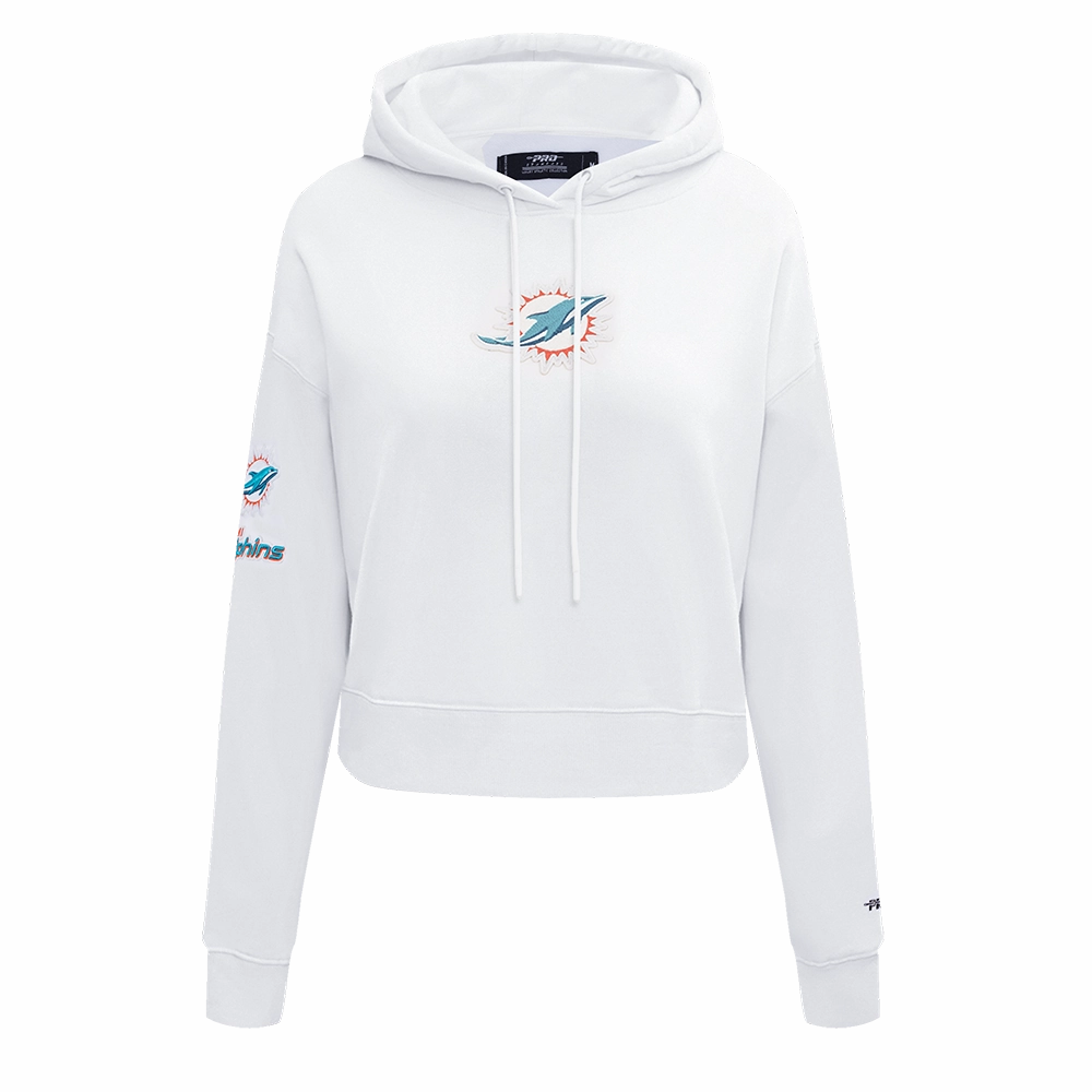 NFL MIAMI DOLPHINS CLASSIC WOMEN'S FLEECE CROPPED PULLOVER HOODIE (WHITE)