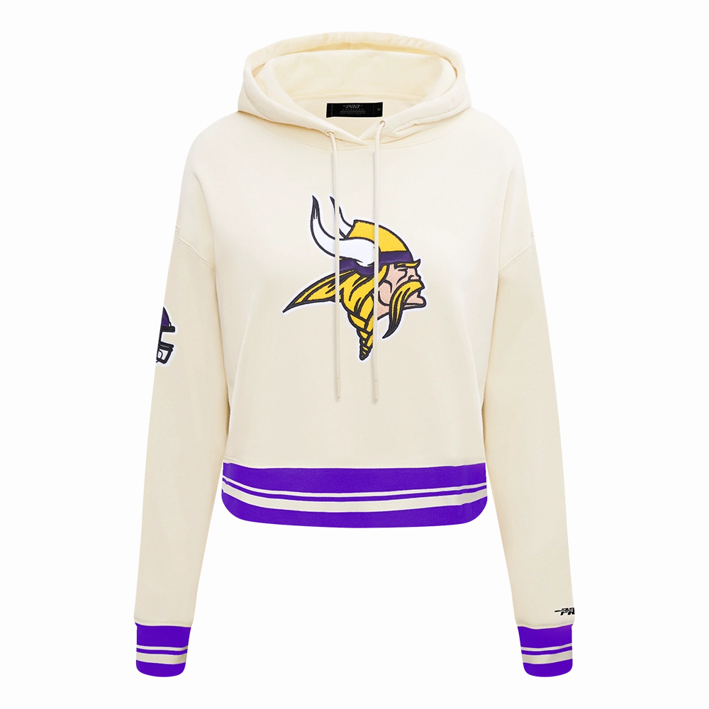 NFL MINNESOTA VIKINGS RETRO CLASSIC WOMEN'S RIB CROPPED PO HOODIE (EGGSHELL/ PURPLE)