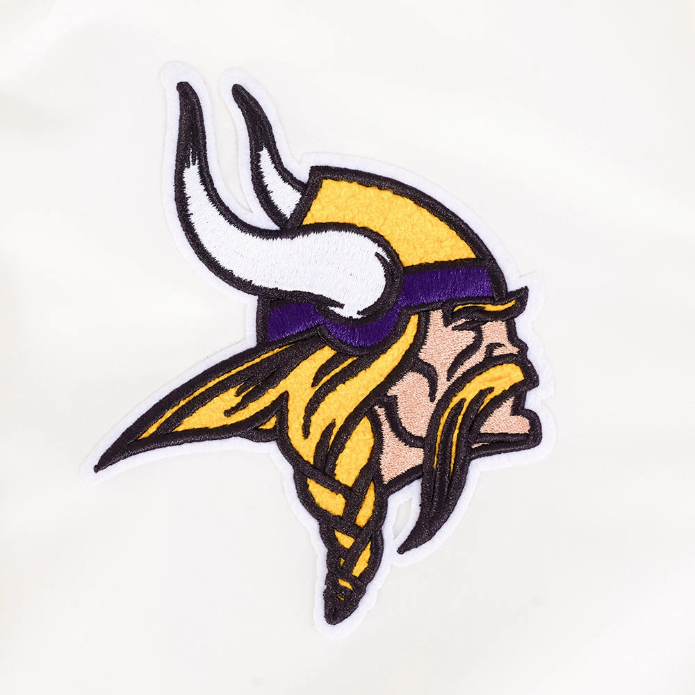 NFL MINNESOTA VIKINGS RETRO CLASSIC WOMEN'S RIB SATIN JACKET (EGGSHELL/ PURPLE)