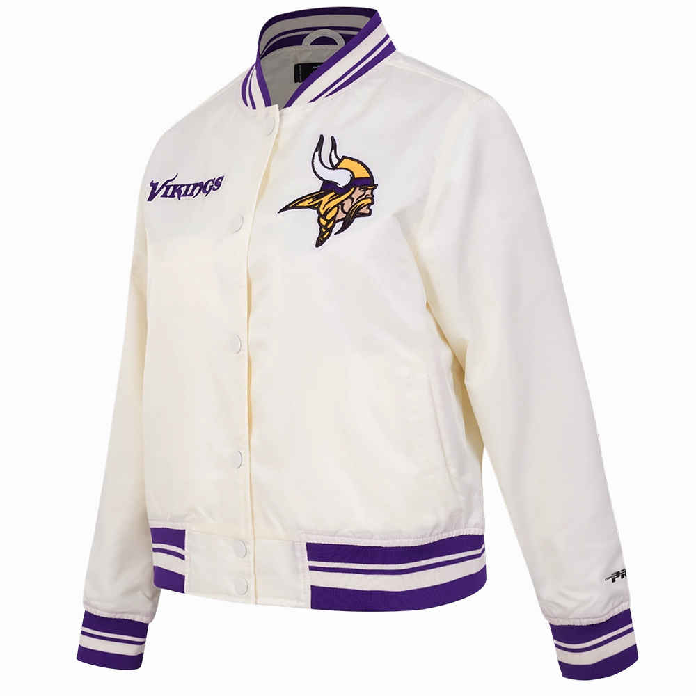 NFL MINNESOTA VIKINGS RETRO CLASSIC WOMEN'S RIB SATIN JACKET (EGGSHELL/ PURPLE)