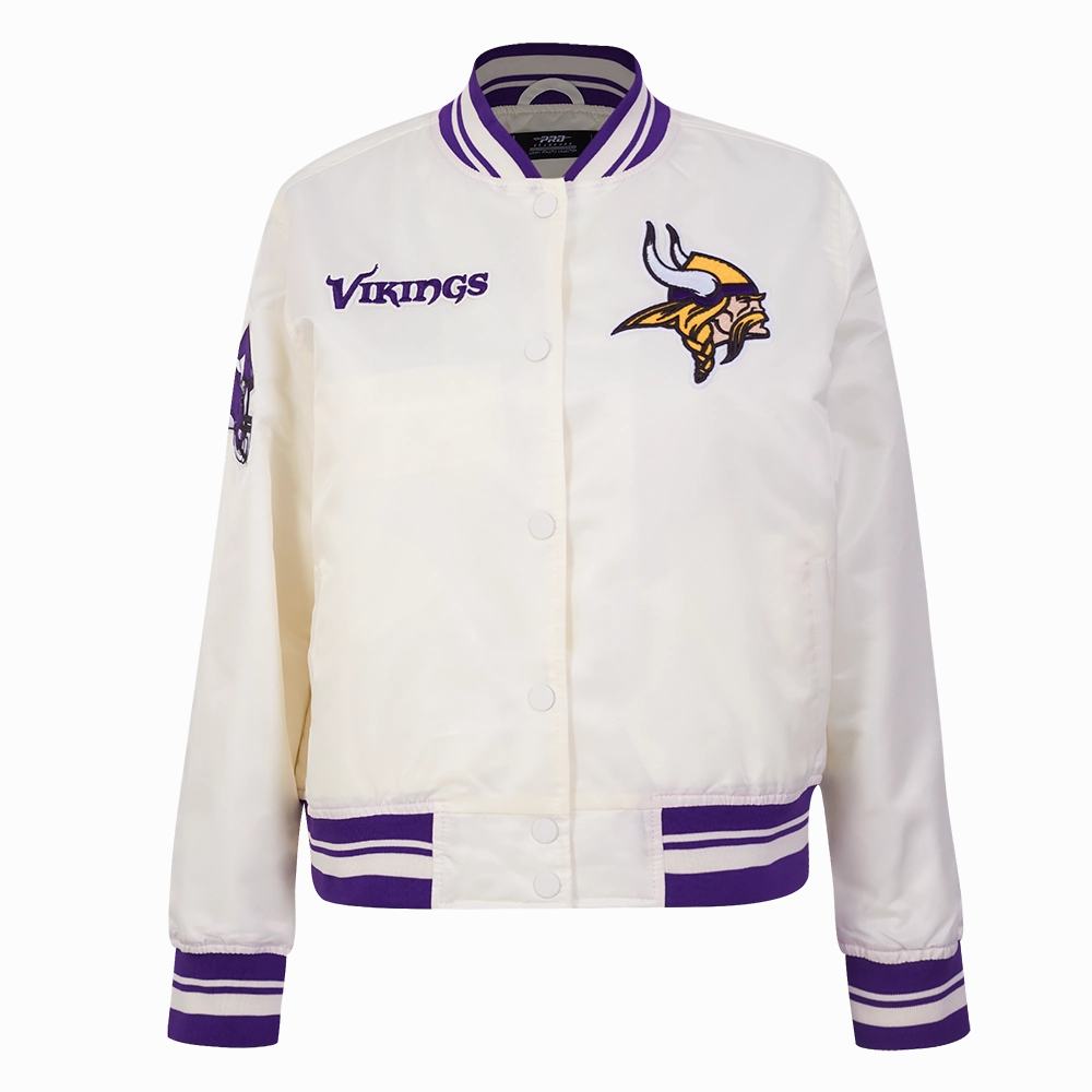 NFL MINNESOTA VIKINGS RETRO CLASSIC WOMEN'S RIB SATIN JACKET (EGGSHELL/ PURPLE)
