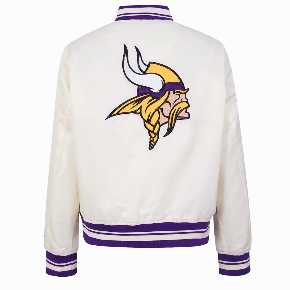 NFL MINNESOTA VIKINGS RETRO CLASSIC WOMEN'S RIB SATIN JACKET (EGGSHELL/ PURPLE)