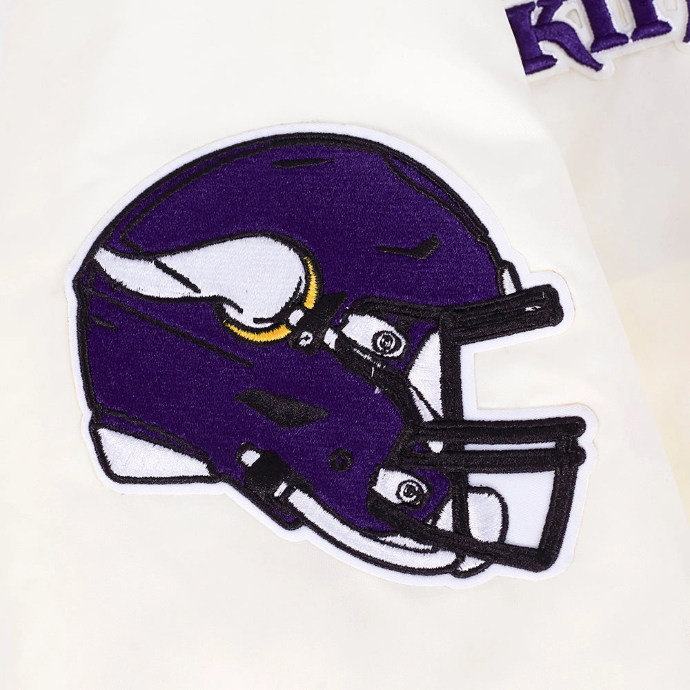NFL MINNESOTA VIKINGS RETRO CLASSIC WOMEN'S RIB SATIN JACKET (EGGSHELL/ PURPLE)