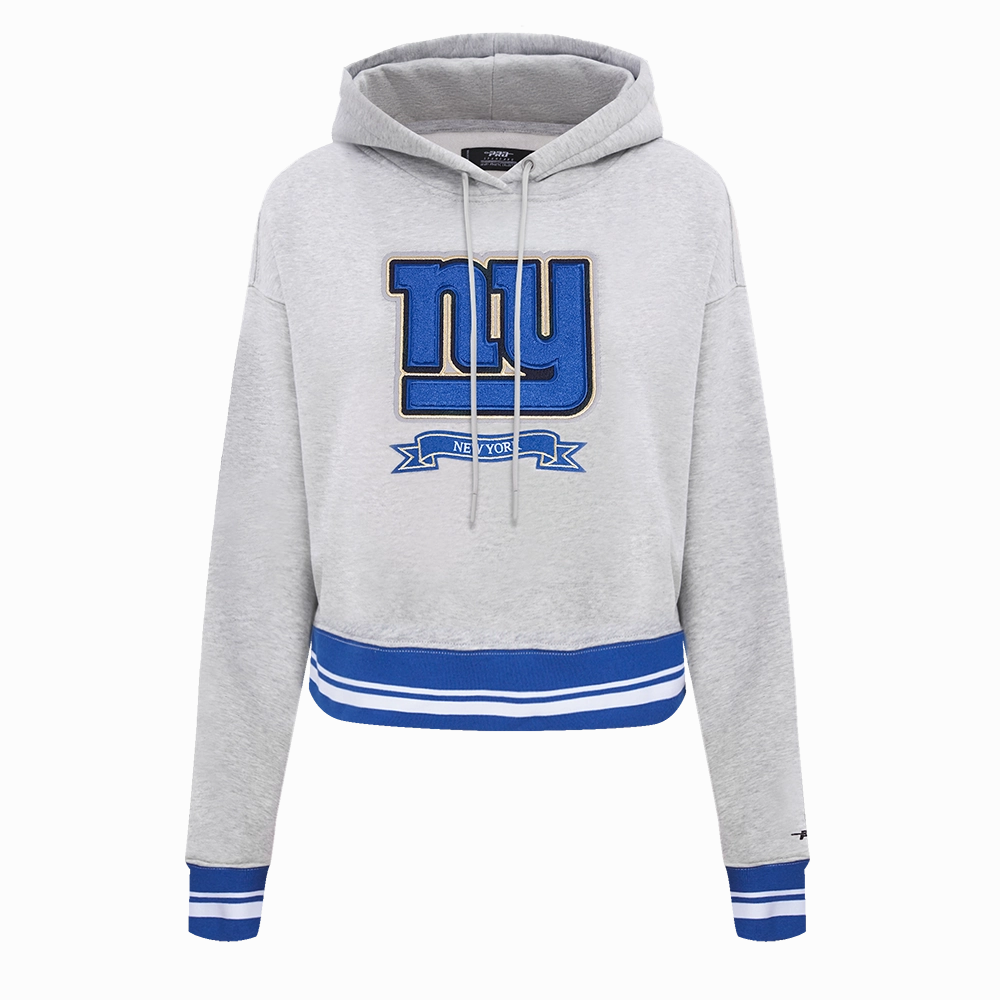 NFL NEW YORK GIANTS PRO PREP RIB FLEECE WOMEN'S CROPPED PULLOVER HOODIE (HEATHER GREY/DODGER BLUE)