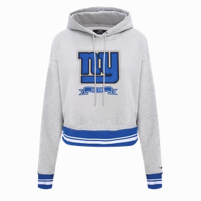 NFL NEW YORK GIANTS PRO PREP RIB FLEECE WOMEN'S CROPPED PULLOVER HOODIE (HEATHER GREY/DODGER BLUE)