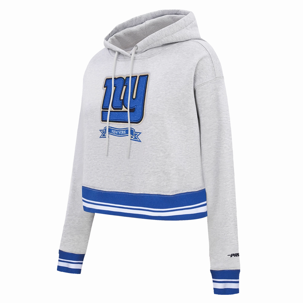 NFL NEW YORK GIANTS PRO PREP RIB FLEECE WOMEN'S CROPPED PULLOVER HOODIE (HEATHER GREY/DODGER BLUE)