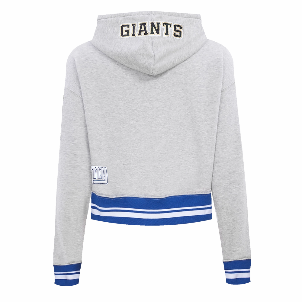 NFL NEW YORK GIANTS PRO PREP RIB FLEECE WOMEN'S CROPPED PULLOVER HOODIE (HEATHER GREY/DODGER BLUE)