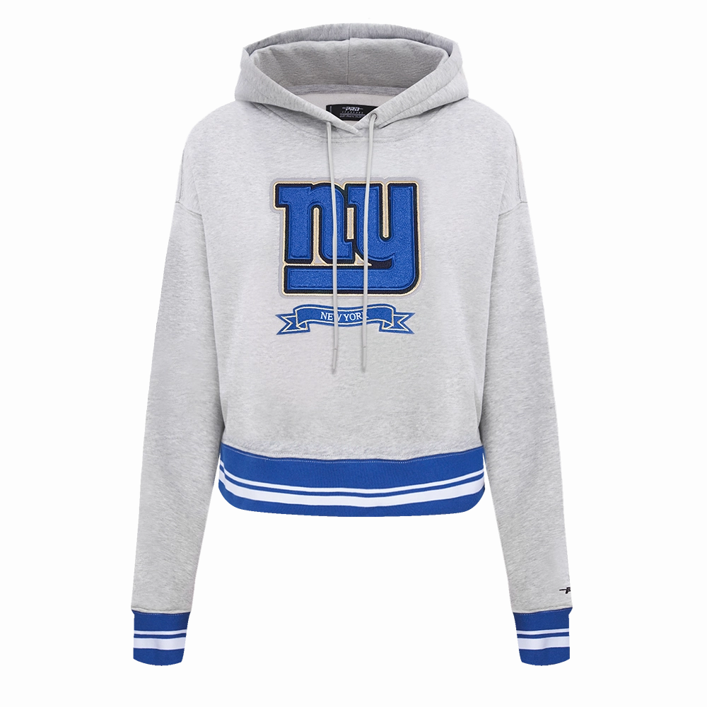 NFL NEW YORK GIANTS PRO PREP RIB FLEECE WOMEN'S CROPPED PULLOVER HOODIE (HEATHER GREY/DODGER BLUE)
