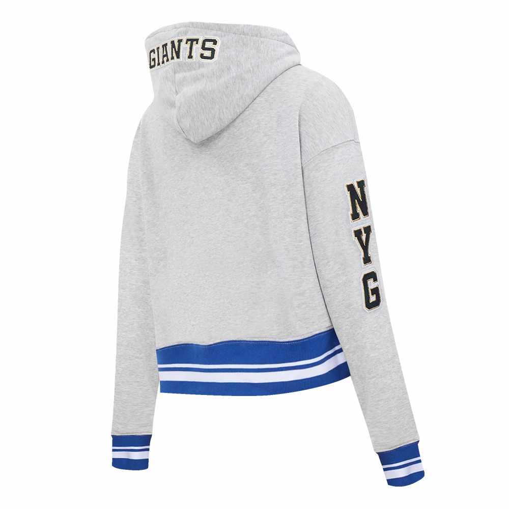 NFL NEW YORK GIANTS PRO PREP RIB FLEECE WOMEN'S CROPPED PULLOVER HOODIE (HEATHER GREY/DODGER BLUE)