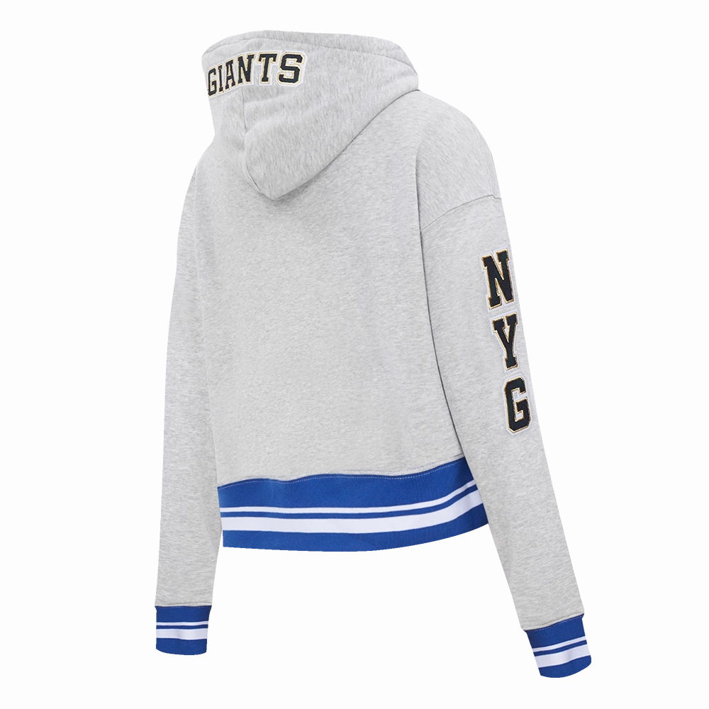 NFL NEW YORK GIANTS PRO PREP RIB FLEECE WOMEN'S CROPPED PULLOVER HOODIE (HEATHER GREY/DODGER BLUE)