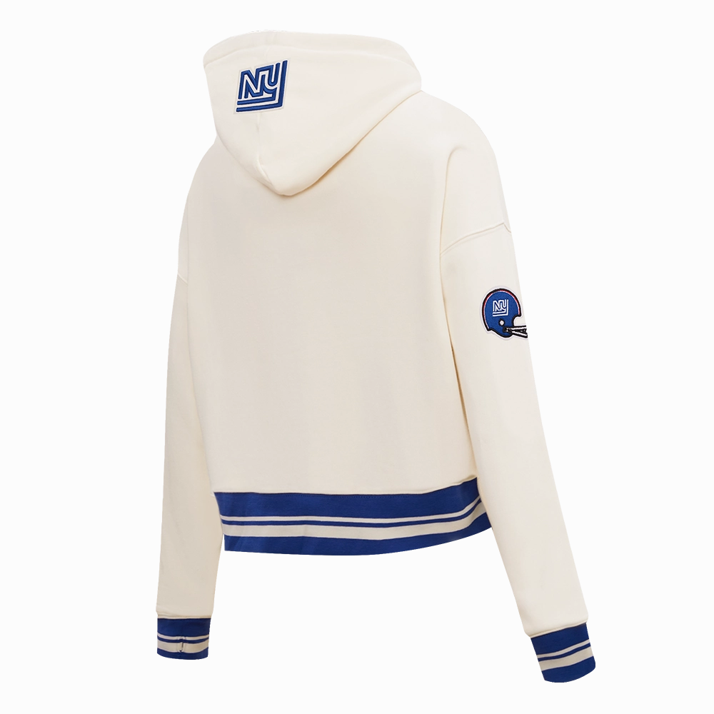 NFL NEW YORK GIANTS RETRO CLASSIC WOMEN'S RIB CROPPED PULLOVER HOODIE (EGGSHELL/DODGER BLUE)