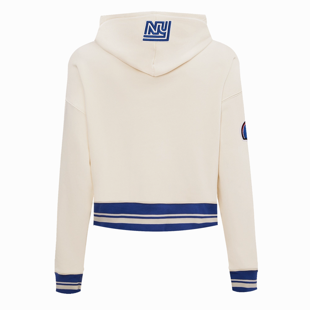 NFL NEW YORK GIANTS RETRO CLASSIC WOMEN'S RIB CROPPED PULLOVER HOODIE (EGGSHELL/DODGER BLUE)
