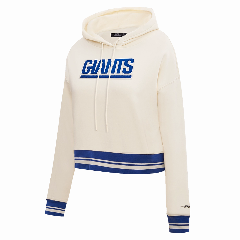 NFL NEW YORK GIANTS RETRO CLASSIC WOMEN'S RIB CROPPED PULLOVER HOODIE (EGGSHELL/DODGER BLUE)