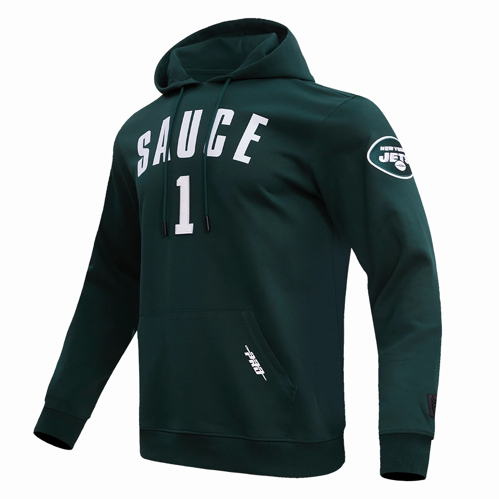 NFL NEW YORK JETS AHMAD "SAUCE" GARDNER #1 MEN'S DOUBLE KNIT PULLOVER HOODIE (FOREST GREEN)