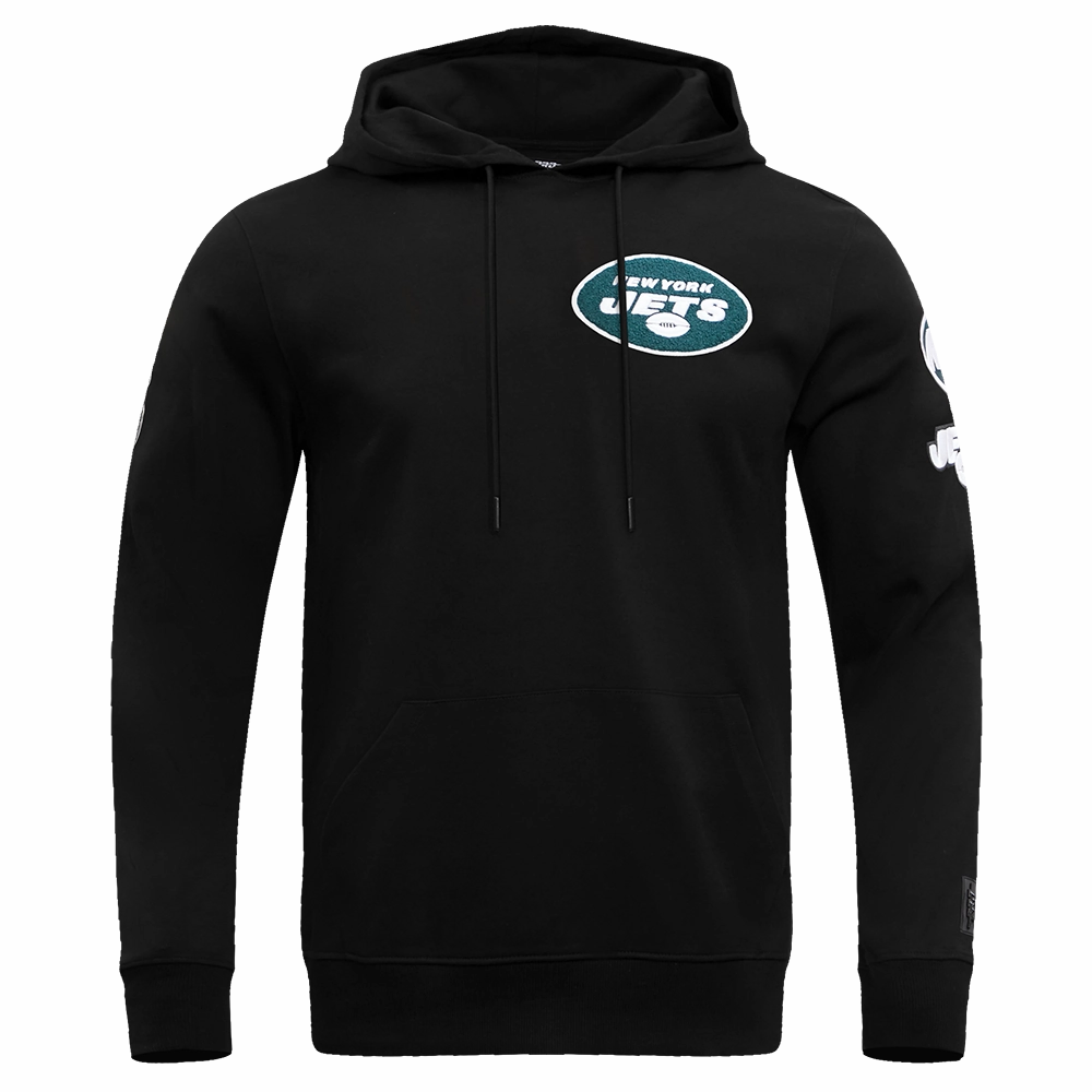 NFL NEW YORK JETS CLASSIC CHENILLE MEN'S DOUBLE KNIT PULLOVER HOODIE (BLACK)