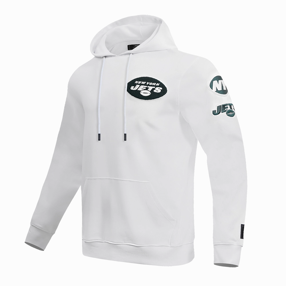 NFL NEW YORK JETS CLASSIC CHENILLE MEN'S DOUBLE KNIT PULLOVER HOODIE (WHITE)