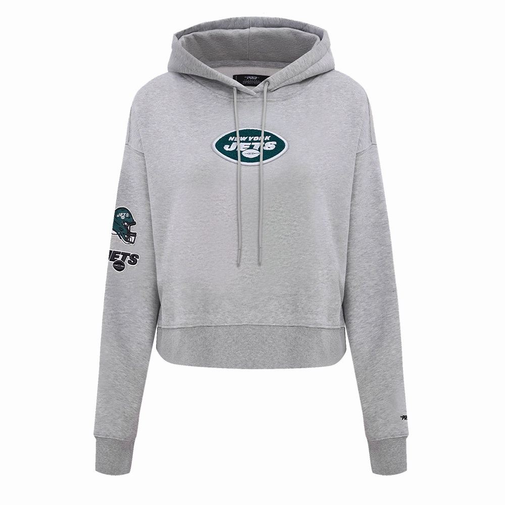 NFL NEW YORK JETS CLASSIC WOMEN'S CROPPED FLEECE PULLOVER HOODIE (HEATHER GREY)