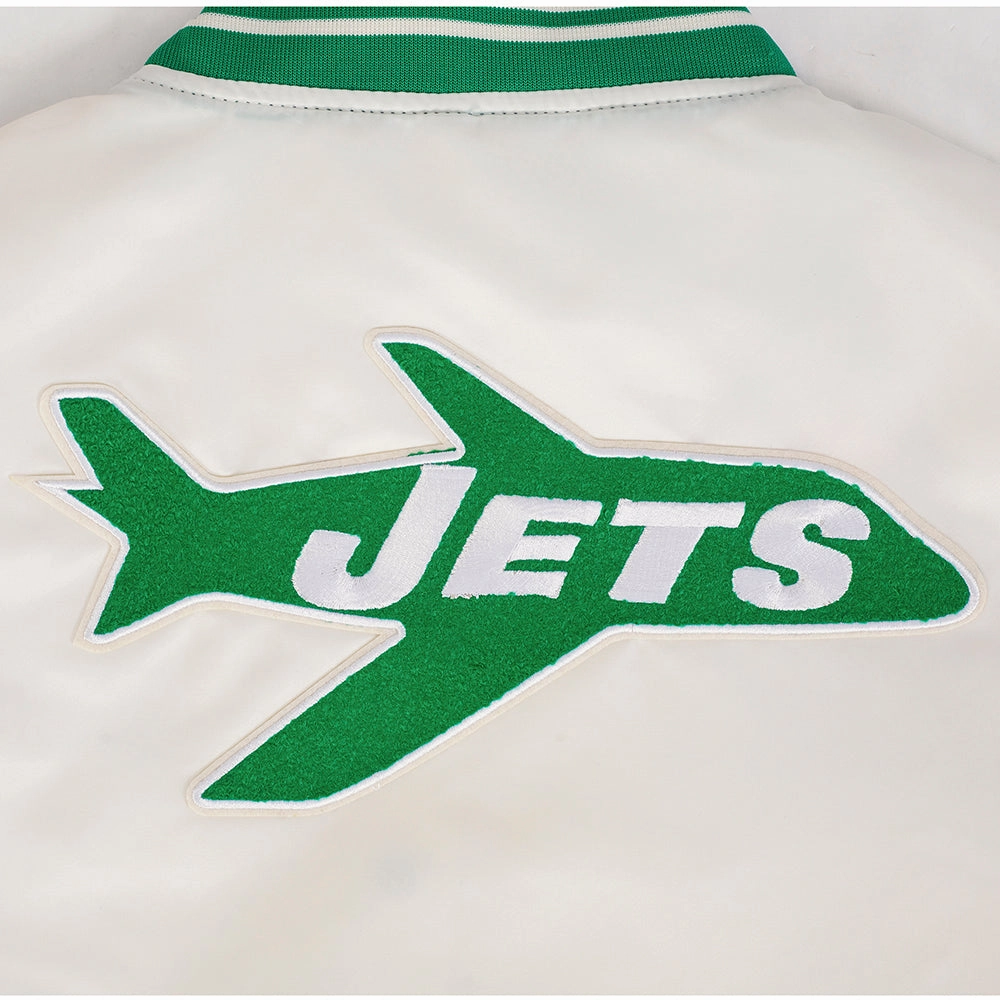 NFL NEW YORK JETS RETRO CLASSIC WOMEN'S RIB SATIN JACKET (EGGSHELL/ KELLY GREEN)