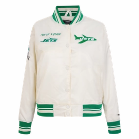 NFL NEW YORK JETS RETRO CLASSIC WOMEN'S RIB SATIN JACKET (EGGSHELL/ KELLY GREEN)