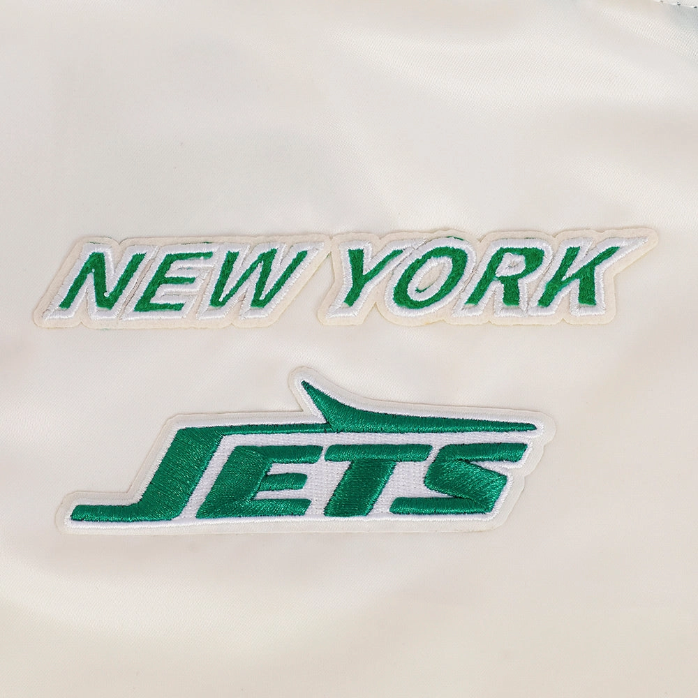 NFL NEW YORK JETS RETRO CLASSIC WOMEN'S RIB SATIN JACKET (EGGSHELL/ KELLY GREEN)