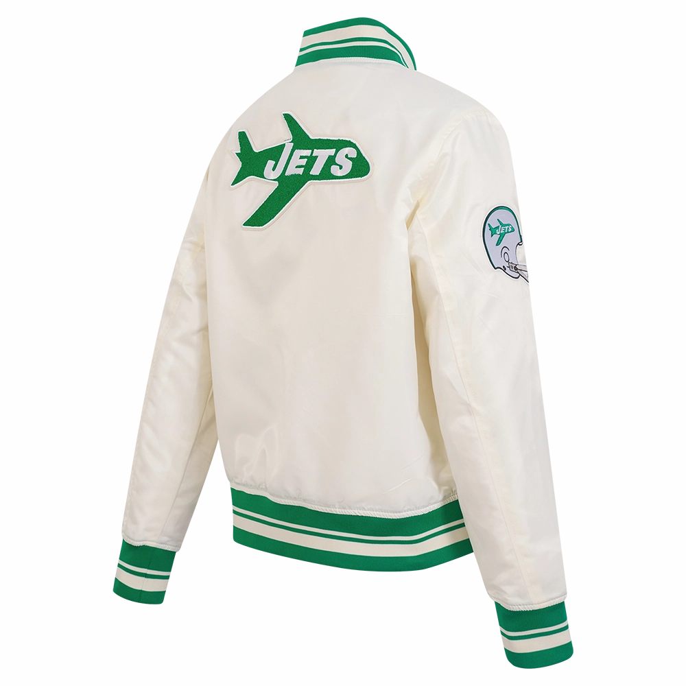 NFL NEW YORK JETS RETRO CLASSIC WOMEN'S RIB SATIN JACKET (EGGSHELL/ KELLY GREEN)