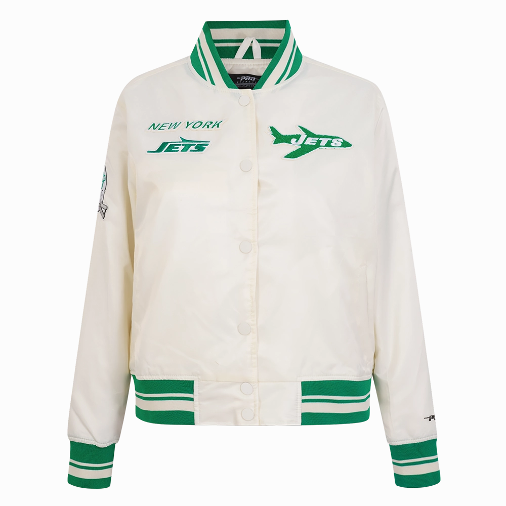NFL NEW YORK JETS RETRO CLASSIC WOMEN'S RIB SATIN JACKET (EGGSHELL/ KELLY GREEN)