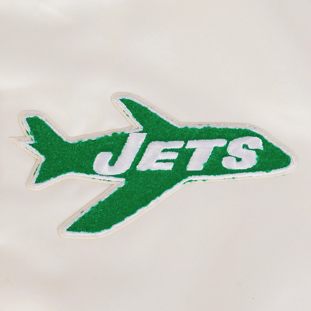 NFL NEW YORK JETS RETRO CLASSIC WOMEN'S RIB SATIN JACKET (EGGSHELL/ KELLY GREEN)