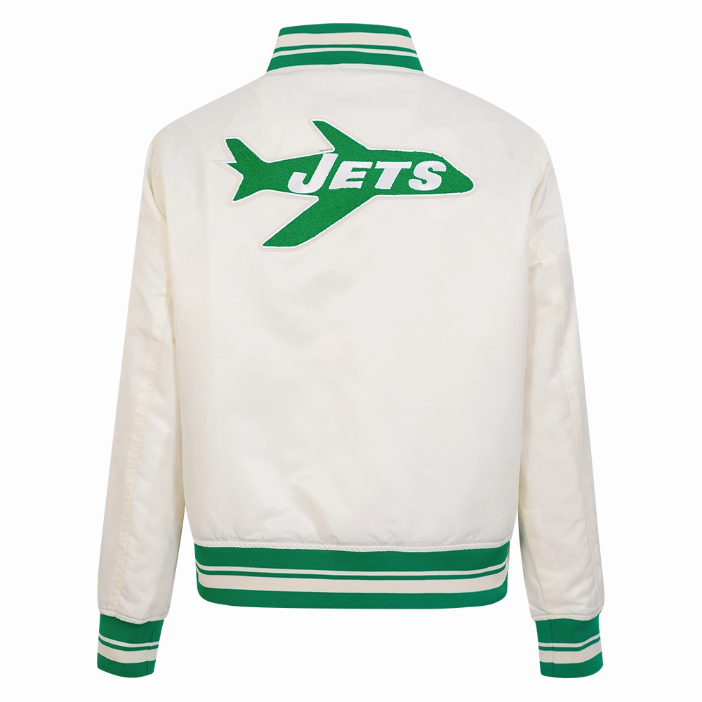 NFL NEW YORK JETS RETRO CLASSIC WOMEN'S RIB SATIN JACKET (EGGSHELL/ KELLY GREEN)
