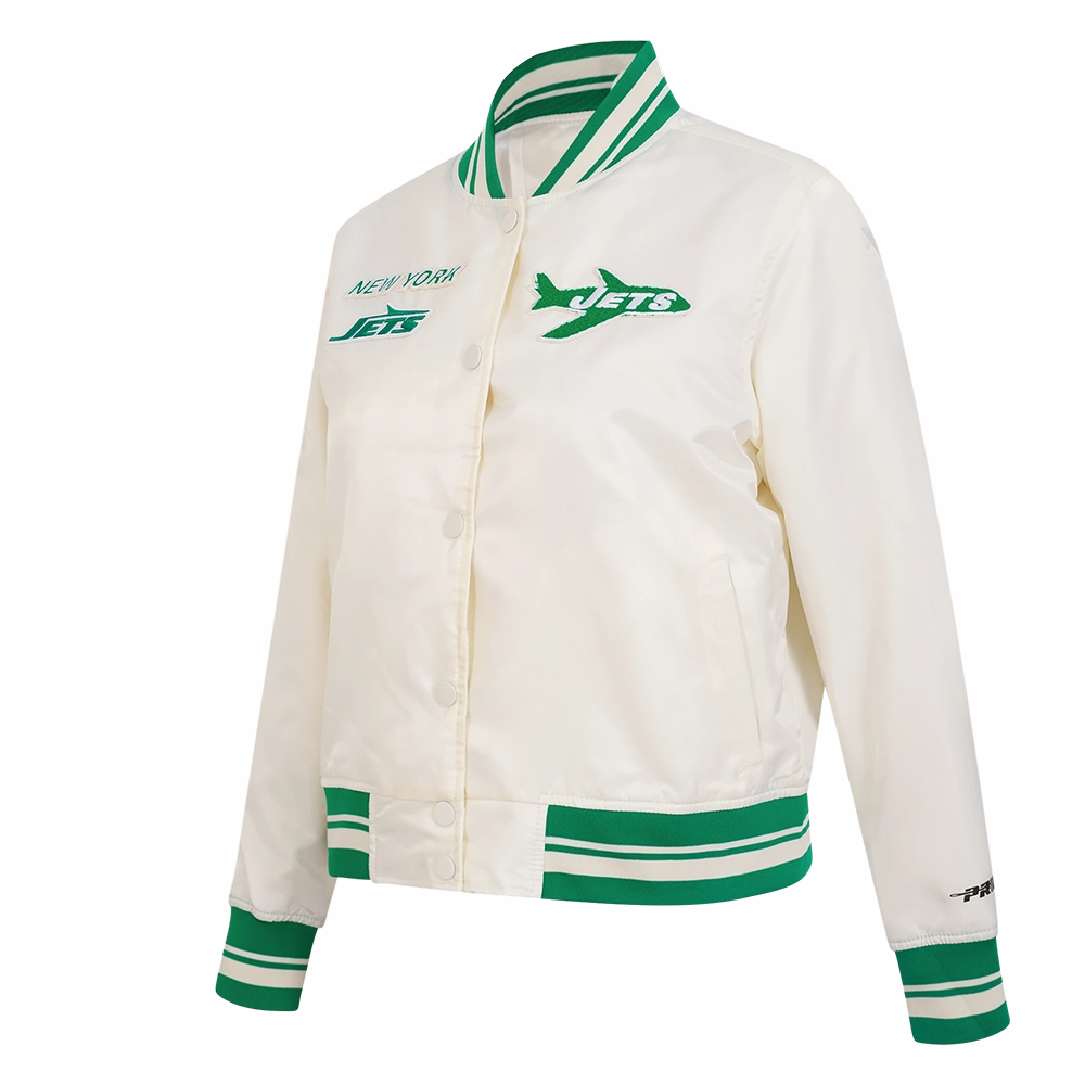 NFL NEW YORK JETS RETRO CLASSIC WOMEN'S RIB SATIN JACKET (EGGSHELL/ KELLY GREEN)