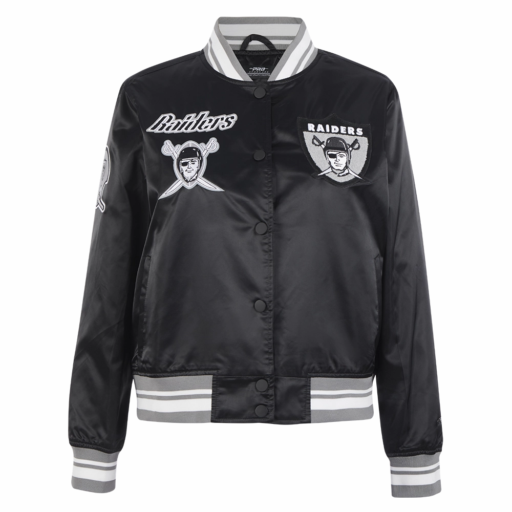 NFL OAKLAND RAIDERS RETRO CLASSIC WOMEN'S RIB SATIN JACKET (BLACK/GREY)