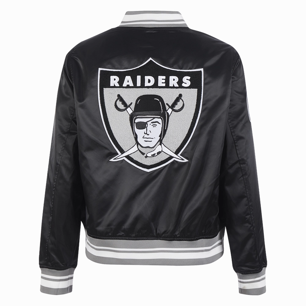 NFL OAKLAND RAIDERS RETRO CLASSIC WOMEN'S RIB SATIN JACKET (BLACK/GREY)