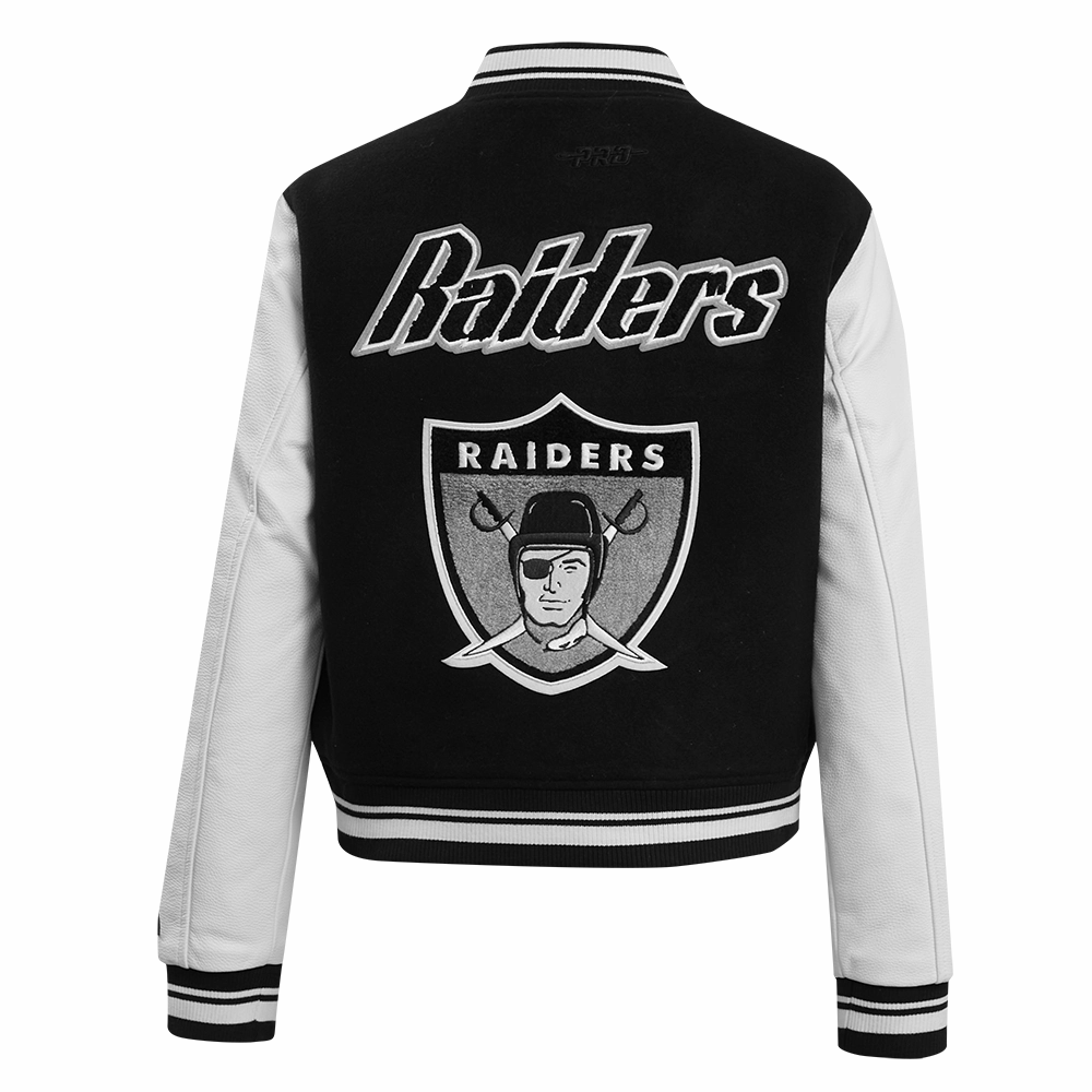 NFL OAKLAND RAIDERS RETRO CLASSIC WOMEN'S RIB WOOL VARSITY JACKET (BLACK/WHITE)