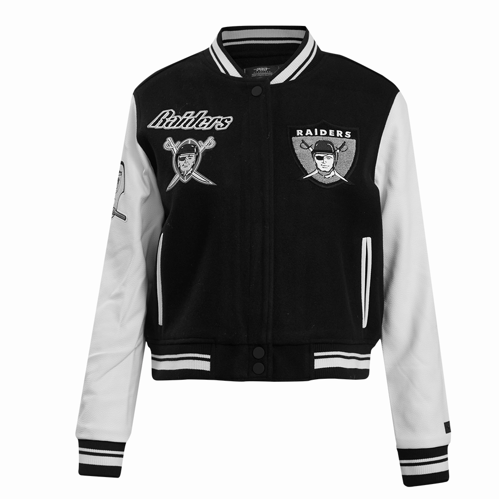 NFL OAKLAND RAIDERS RETRO CLASSIC WOMEN'S RIB WOOL VARSITY JACKET (BLACK/WHITE)