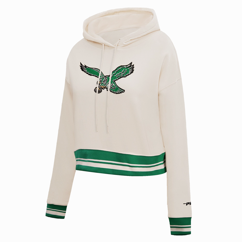 NFL PHILADELPHIA EAGLES RETRO CLASSIC WOMEN'S CROPPED PULLOVER HOODIE (EGGSHELL/KELLY GREEN)
