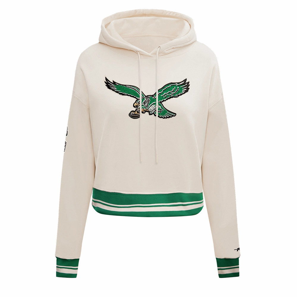 NFL PHILADELPHIA EAGLES RETRO CLASSIC WOMEN'S CROPPED PULLOVER HOODIE (EGGSHELL/KELLY GREEN)