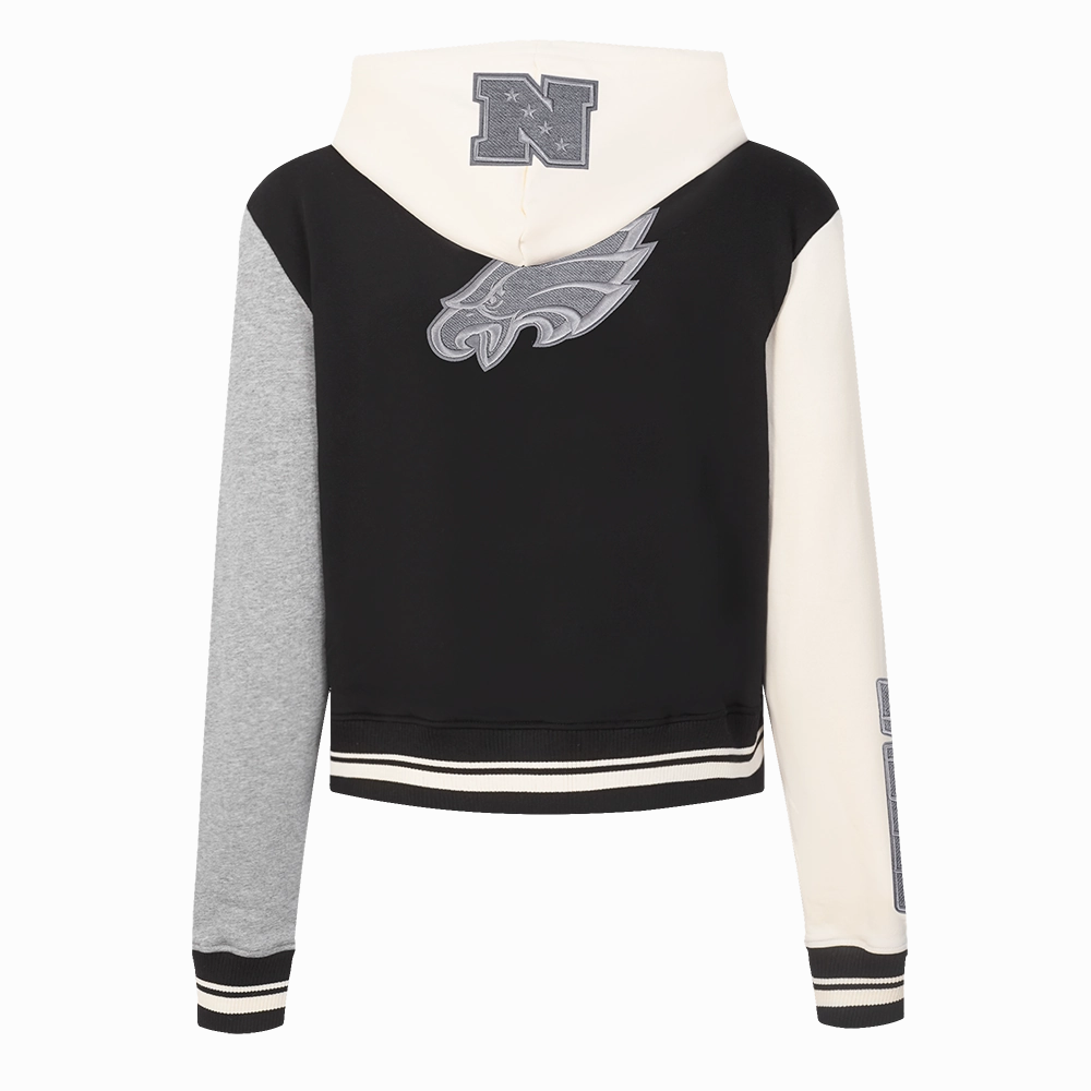 NFL PHILADELPHIA EAGLES REVERSE FRENCH TERRY WOMEN'S COLOR BLOCK FLEECE FULL ZIP (BLACK/GRAY/EGGSHELL)