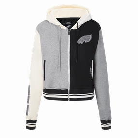NFL PHILADELPHIA EAGLES REVERSE FRENCH TERRY WOMEN'S COLOR BLOCK FLEECE FULL ZIP (BLACK/GRAY/EGGSHELL)