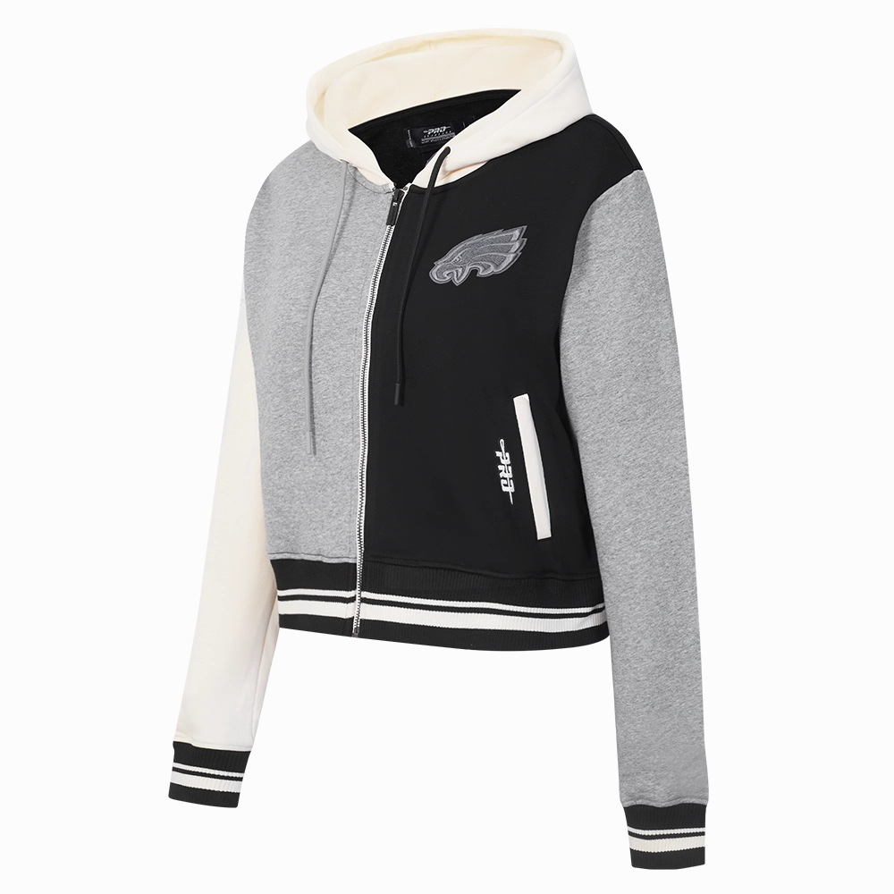 NFL PHILADELPHIA EAGLES REVERSE FRENCH TERRY WOMEN'S COLOR BLOCK FLEECE FULL ZIP (BLACK/GRAY/EGGSHELL)