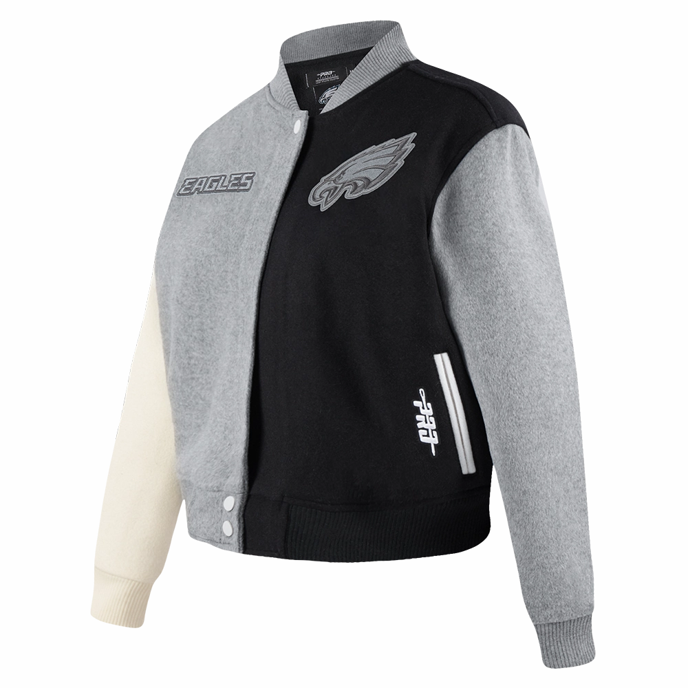 NFL PHILADELPHIA EAGLES REVERSE FRENCH TERRY WOMEN'S WOOL VARSITY JACK (BLACK/GRAY/EGGSHELL)