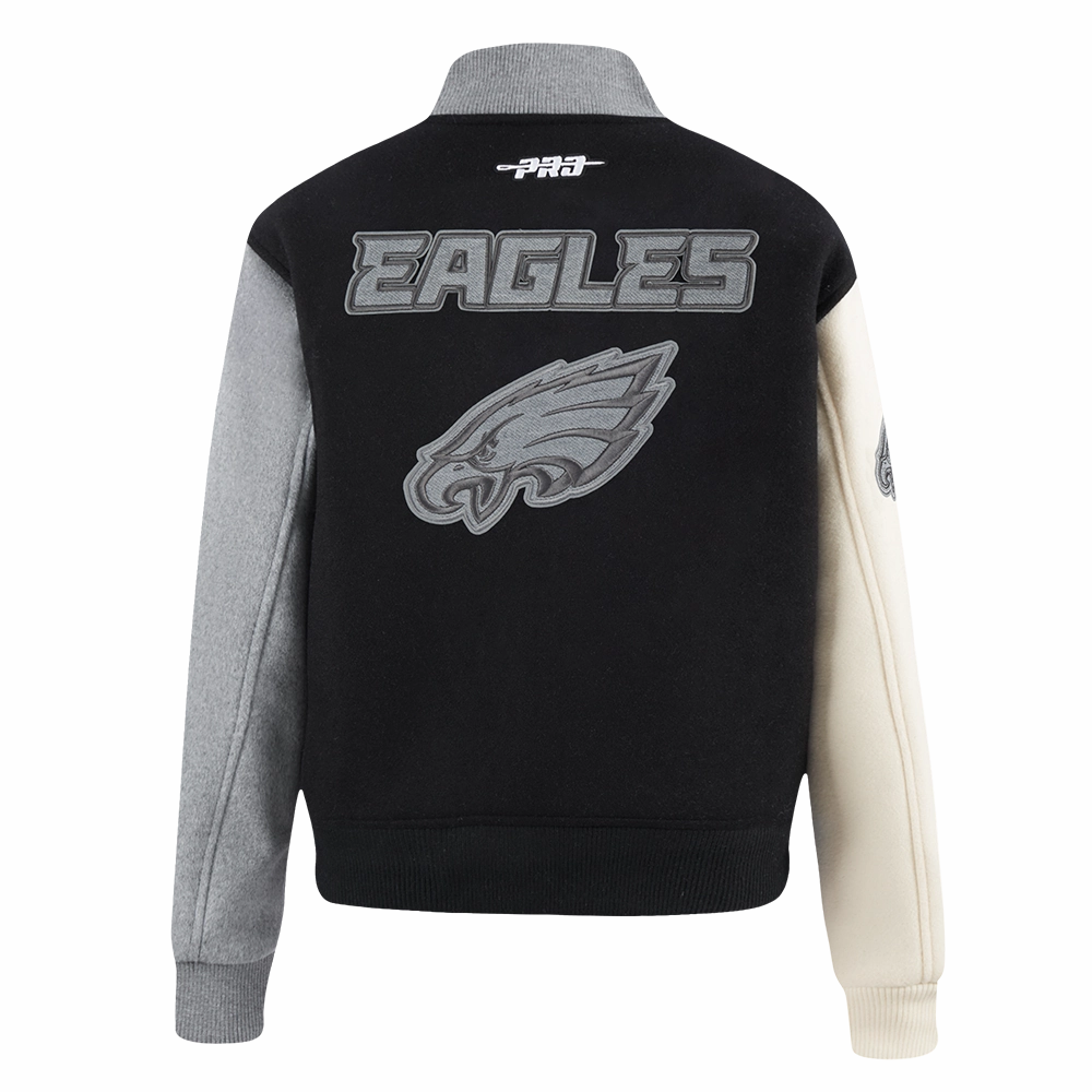 NFL PHILADELPHIA EAGLES REVERSE FRENCH TERRY WOMEN'S WOOL VARSITY JACK (BLACK/GRAY/EGGSHELL)