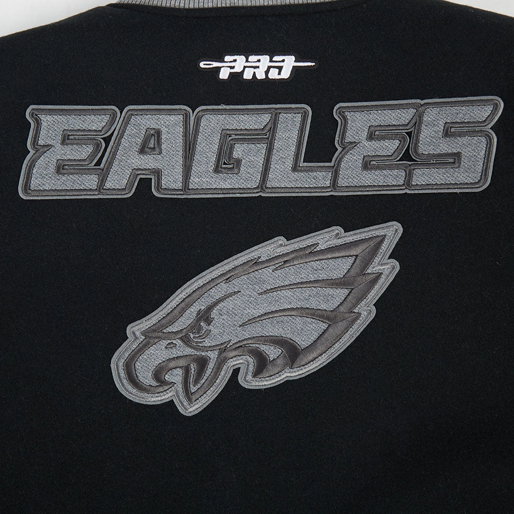 NFL PHILADELPHIA EAGLES REVERSE FRENCH TERRY WOMEN'S WOOL VARSITY JACK (BLACK/GRAY/EGGSHELL)