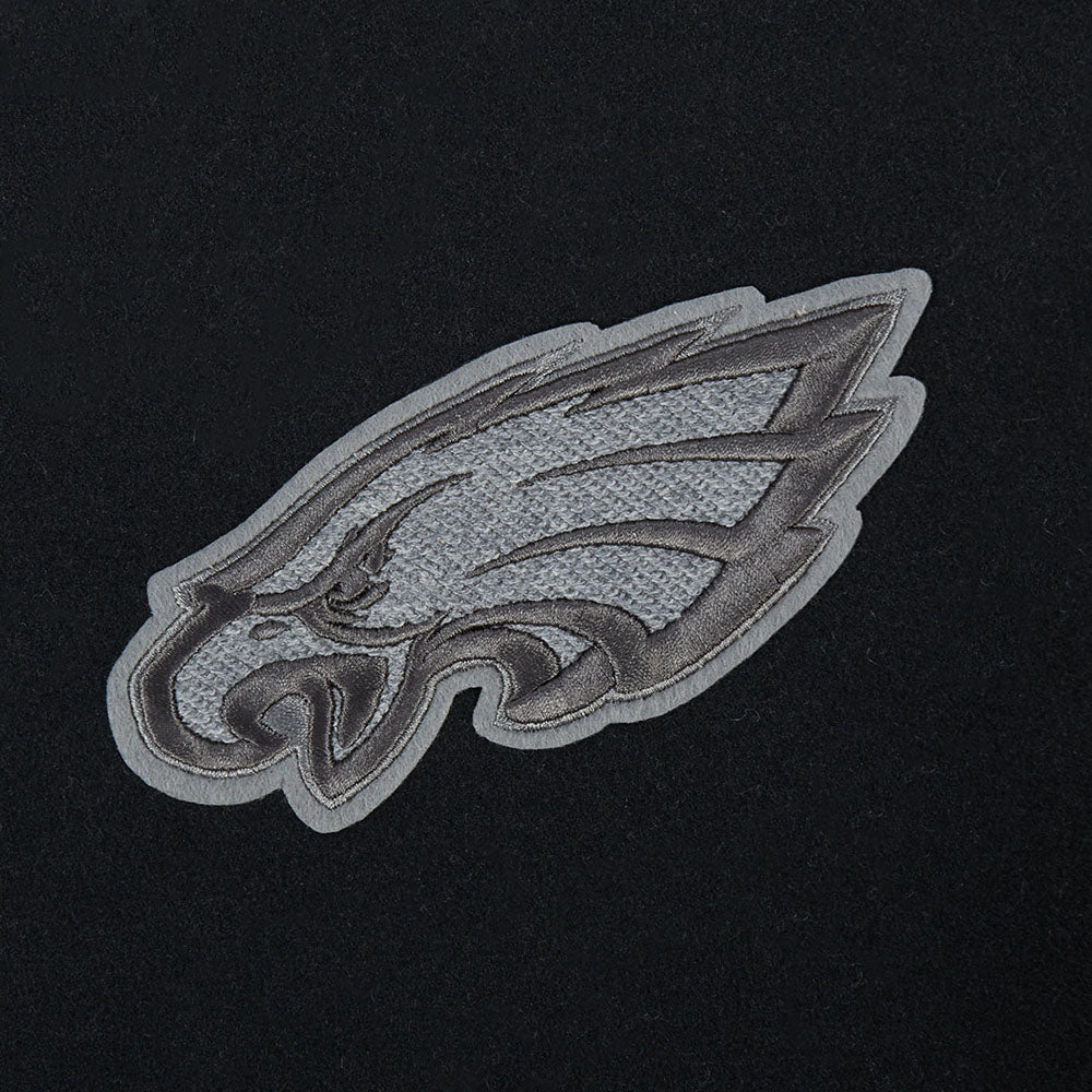 NFL PHILADELPHIA EAGLES REVERSE FRENCH TERRY WOMEN'S WOOL VARSITY JACK (BLACK/GRAY/EGGSHELL)