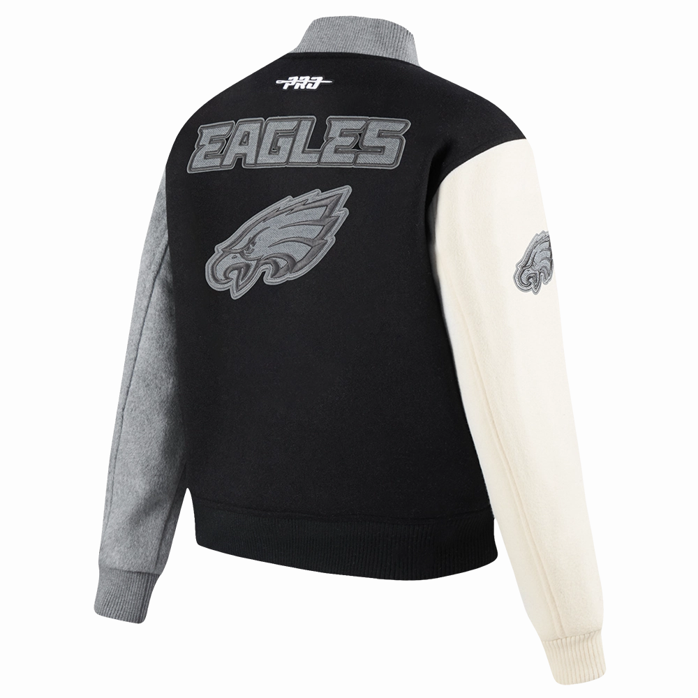 NFL PHILADELPHIA EAGLES REVERSE FRENCH TERRY WOMEN'S WOOL VARSITY JACK (BLACK/GRAY/EGGSHELL)