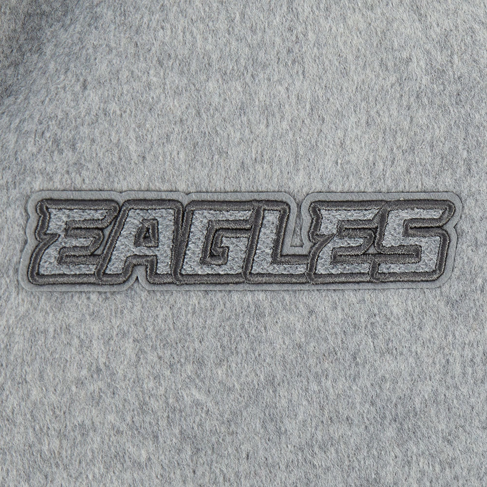 NFL PHILADELPHIA EAGLES REVERSE FRENCH TERRY WOMEN'S WOOL VARSITY JACK (BLACK/GRAY/EGGSHELL)