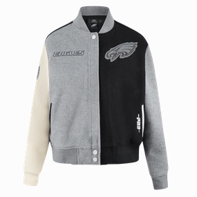 NFL PHILADELPHIA EAGLES REVERSE FRENCH TERRY WOMEN'S WOOL VARSITY JACK (BLACK/GRAY/EGGSHELL)