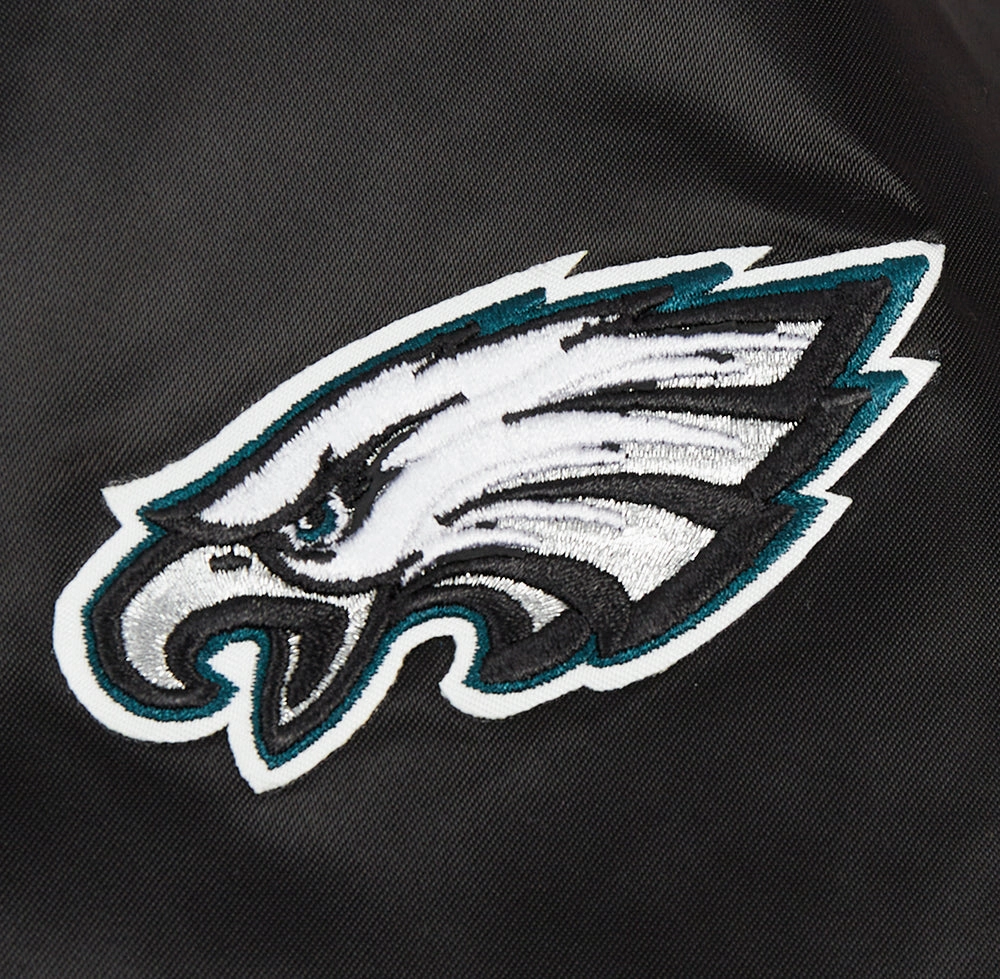 NFL PHILADELPHIA EAGLES SCRIPT TAIL WOMEN'S SATIN JACKET (BLACK)