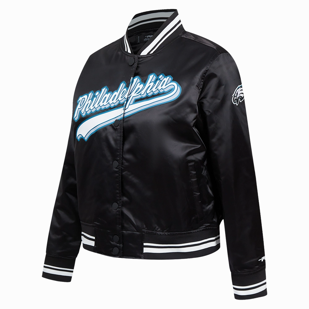 NFL PHILADELPHIA EAGLES SCRIPT TAIL WOMEN'S SATIN JACKET (BLACK)