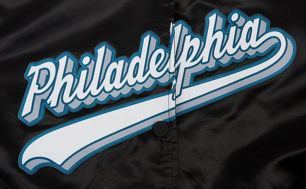 NFL PHILADELPHIA EAGLES SCRIPT TAIL WOMEN'S SATIN JACKET (BLACK)