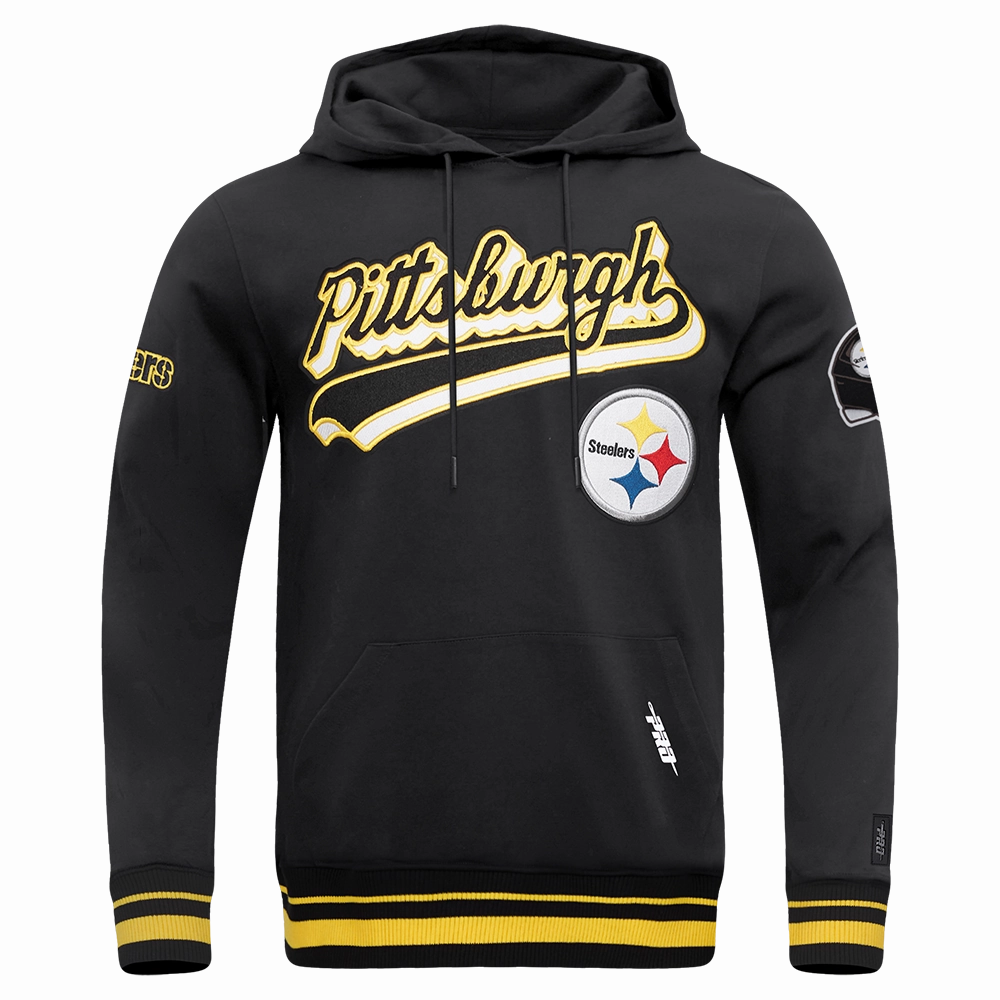 NFL PITTSBURGH STEELERS SCRIPT TAIL MEN'S RIB FLC PO HOODIE (BLACK/YELLOW)